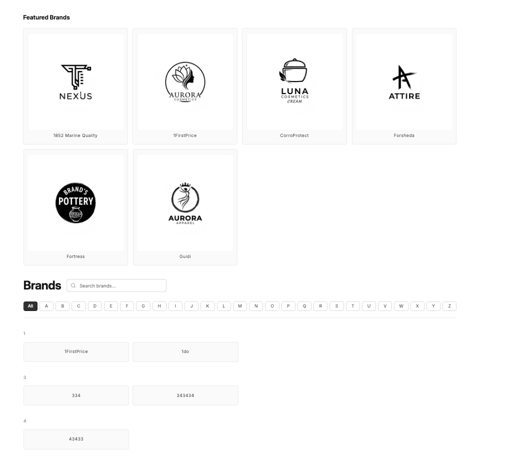 Easy Brand Page directory layout - featured brands as logos with the rest as a text list