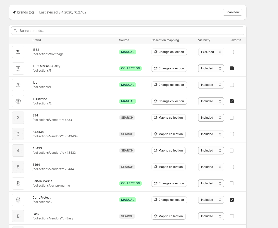 Easy Brand Page on a real Shopify storefront - searchable A-Z brand directory with featured brands