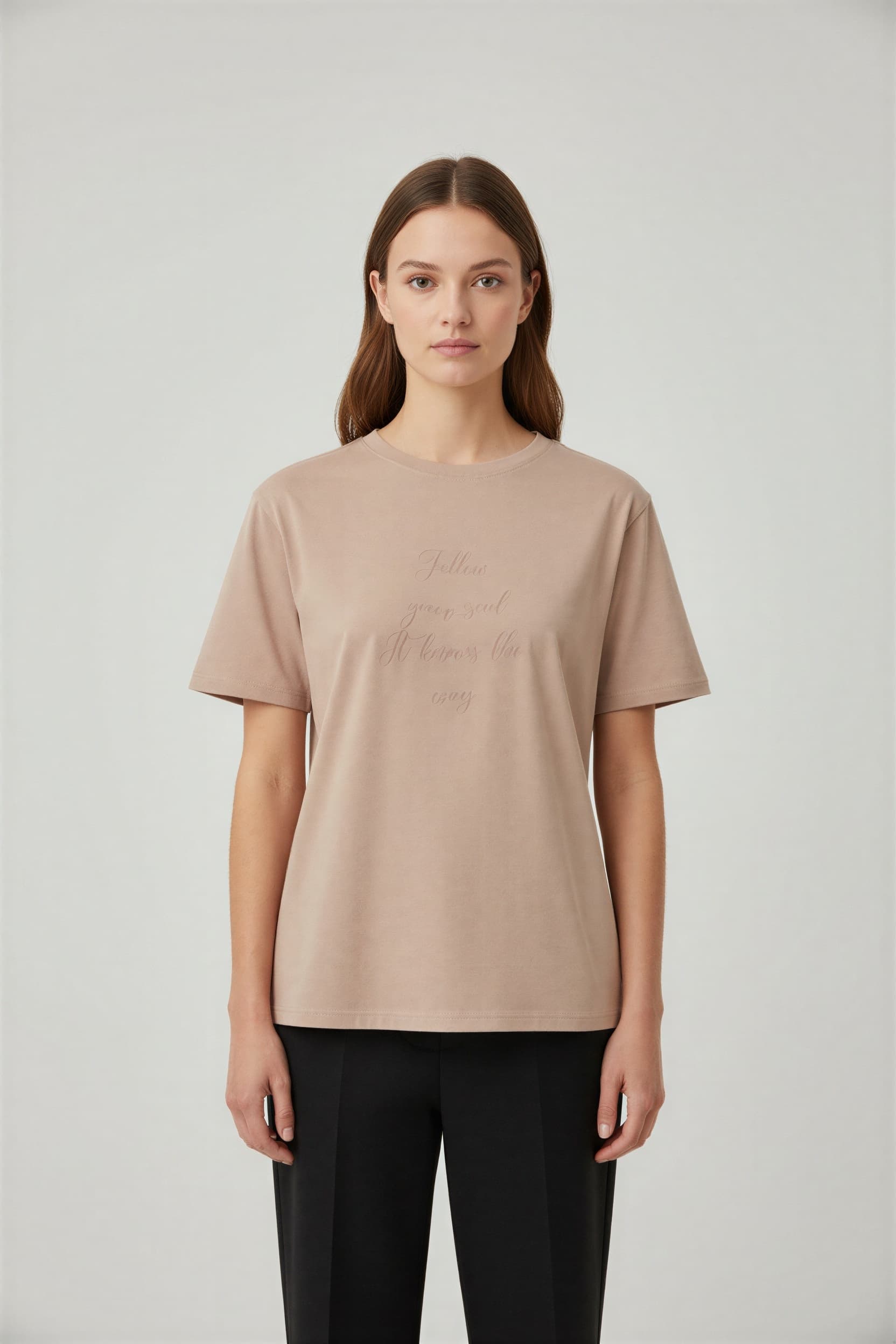 Premium tee with calligraphy print - AI model front view