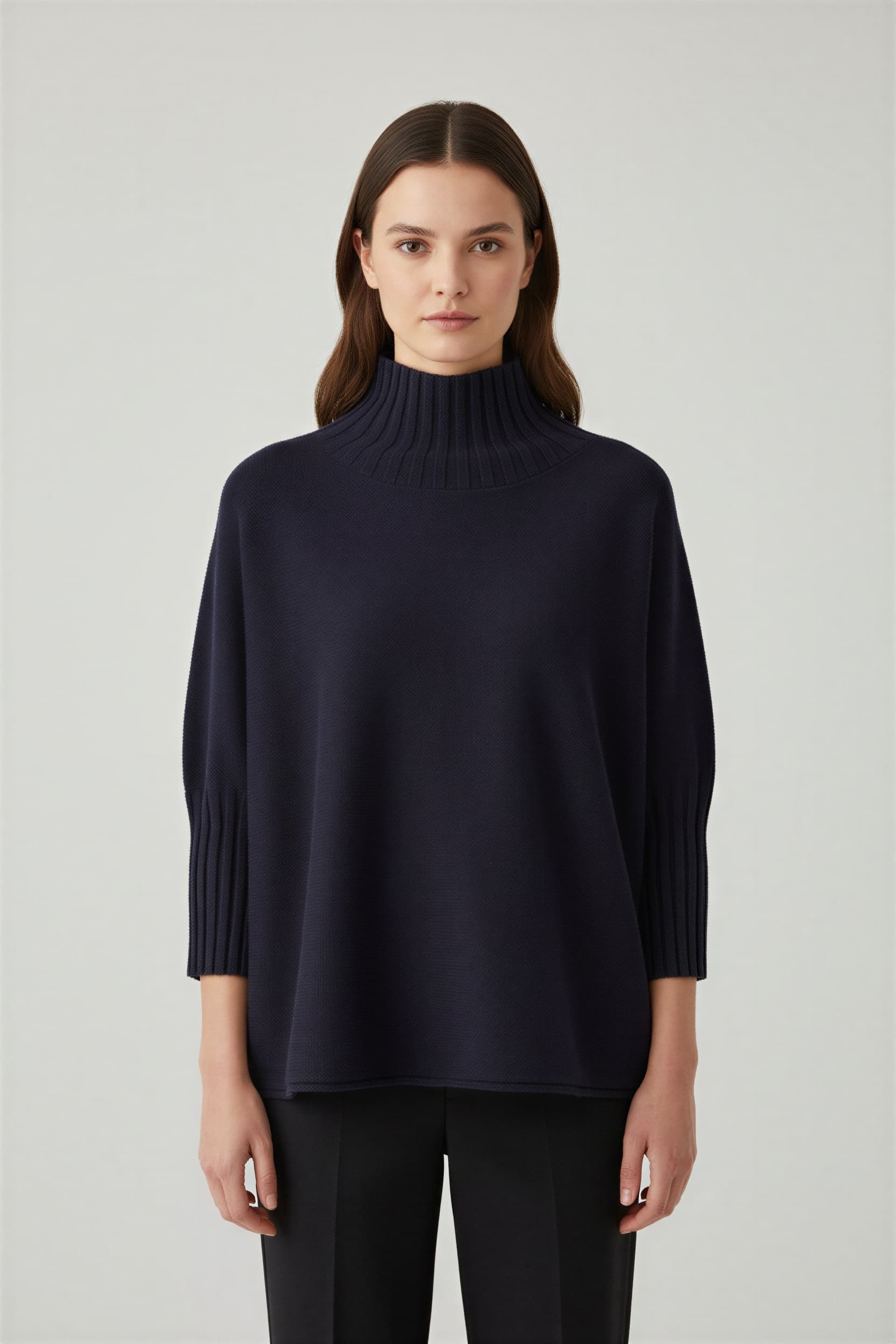 Navy mock-neck knit - AI model front view