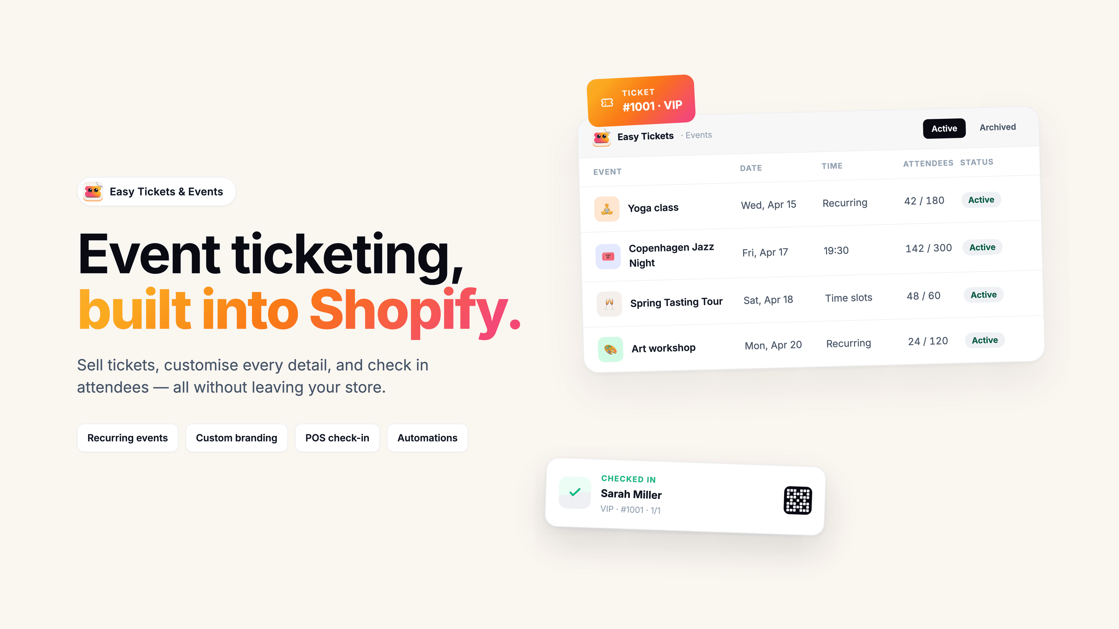 Easy Tickets & Events admin dashboard preview - event sales overview, attendee list, and QR check-in