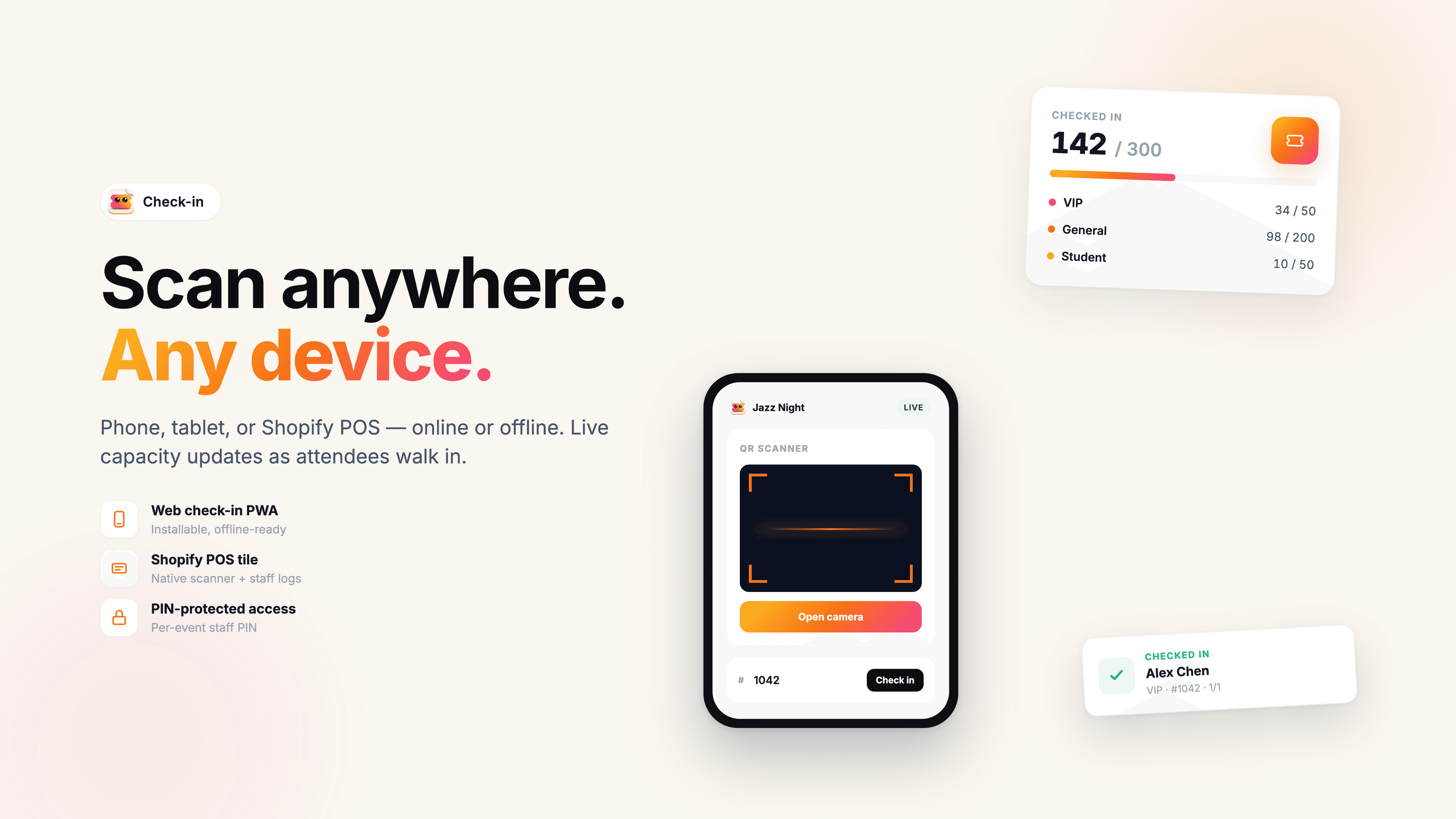 Web + POS QR check-in with offline mode