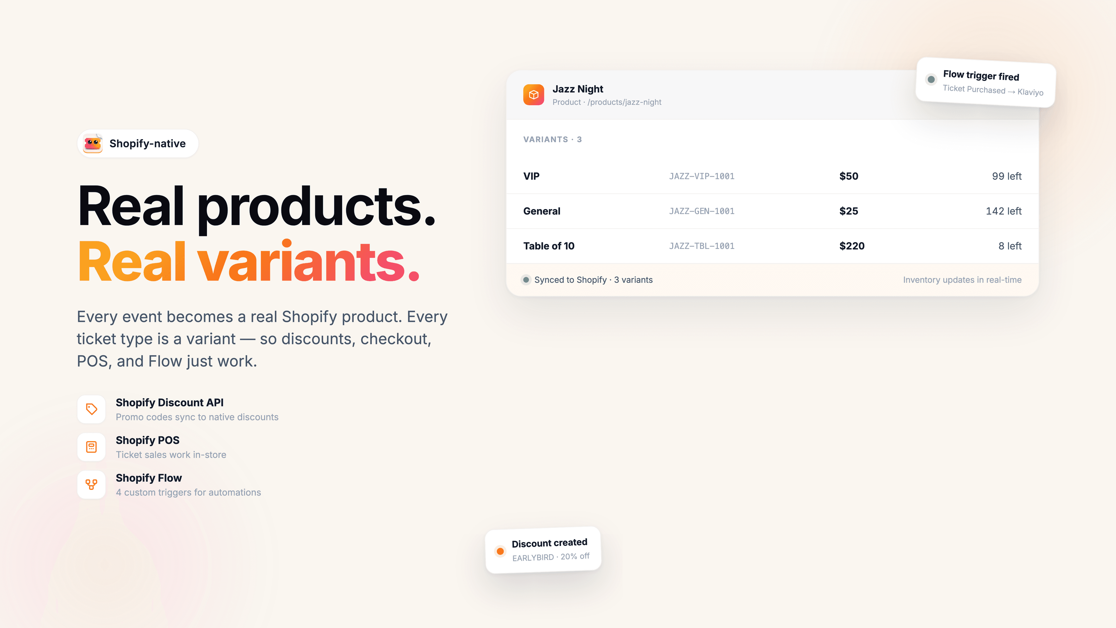 Real Shopify products, variants, discounts and orders