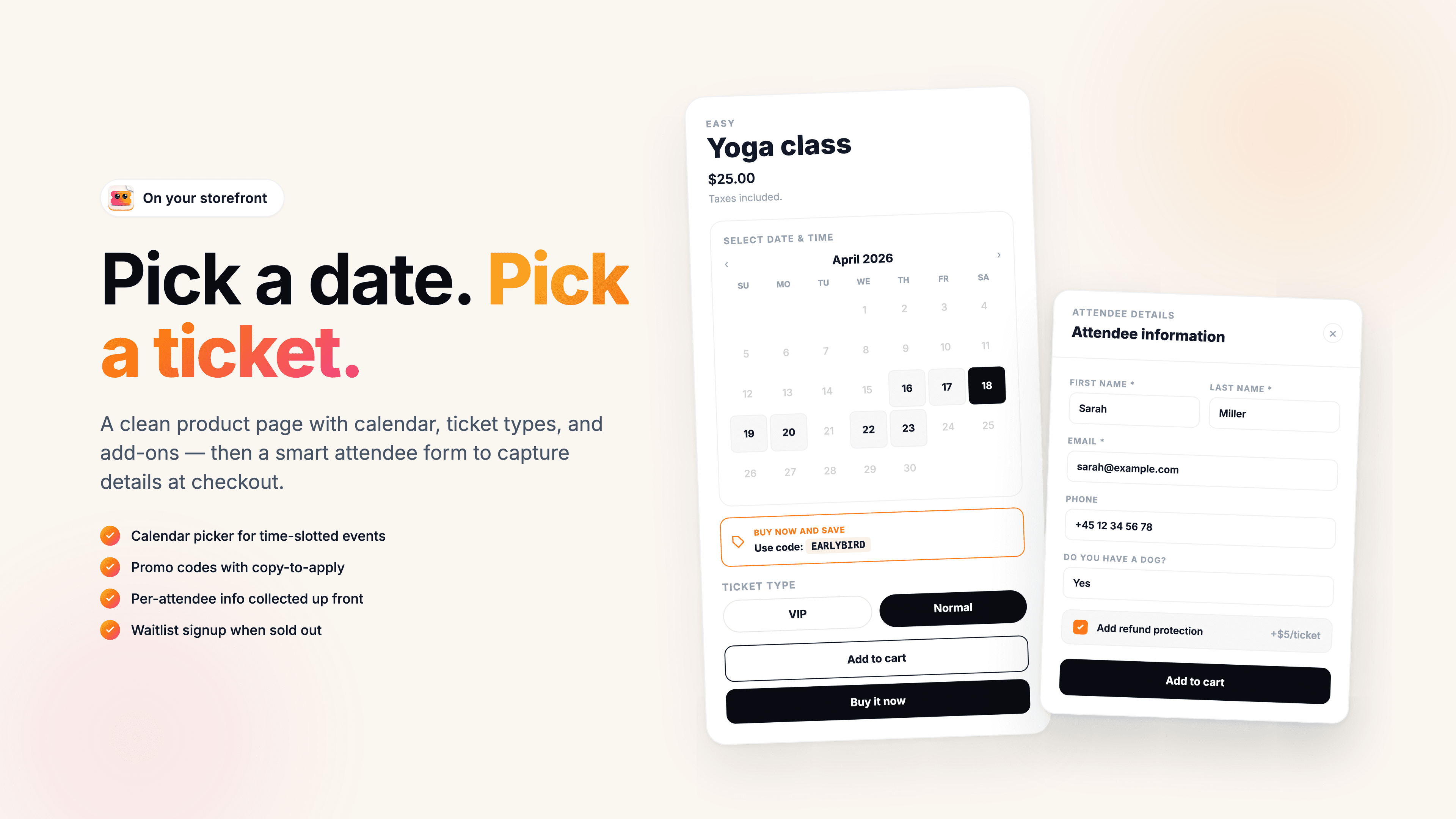 Storefront popup with calendar and attendee fields