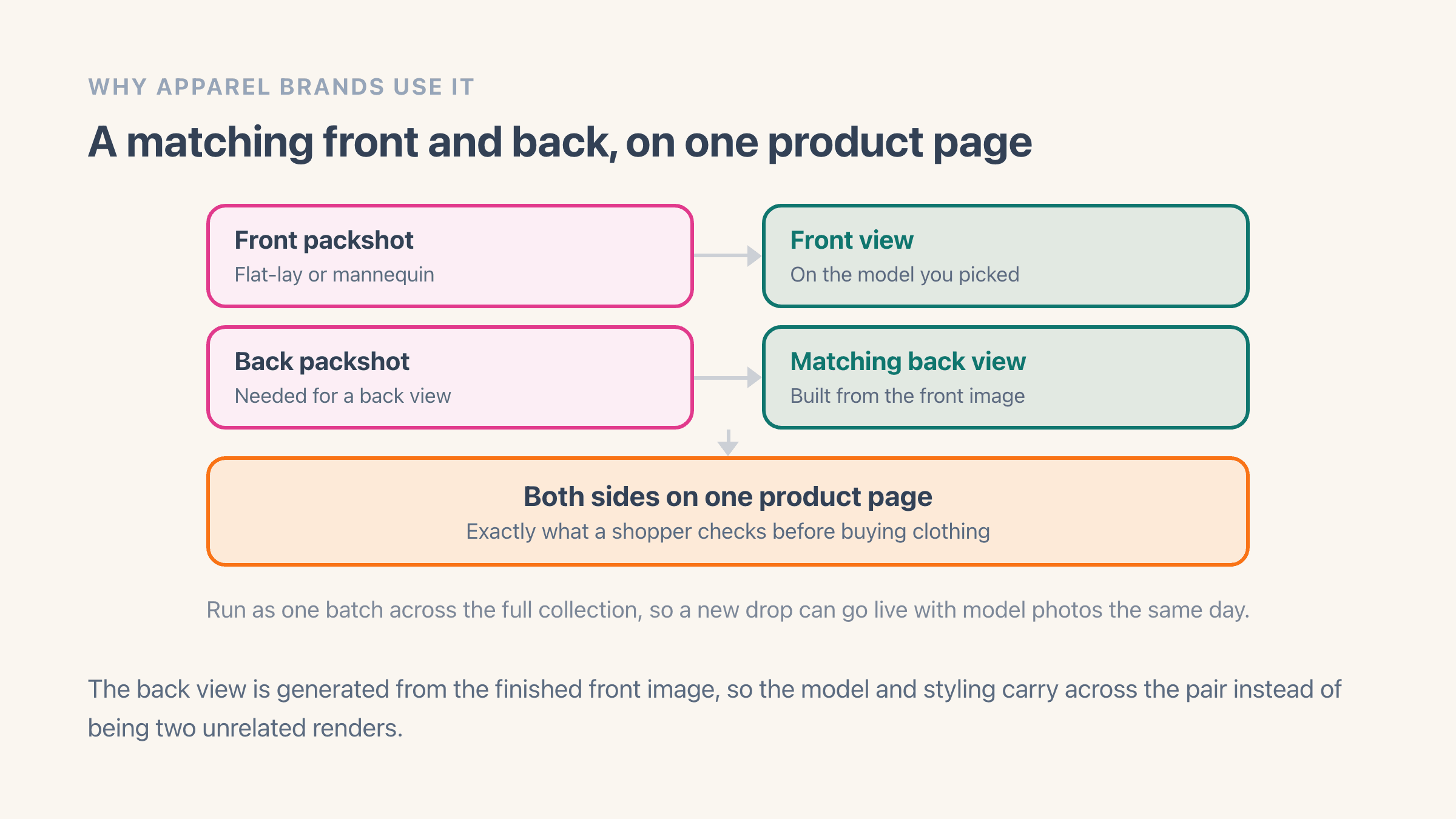 Two parallel lanes showing a front packshot becoming an on-model front view and a back packshot becoming a matching back view, both landing on one product page so a shopper can see the garment from both sides