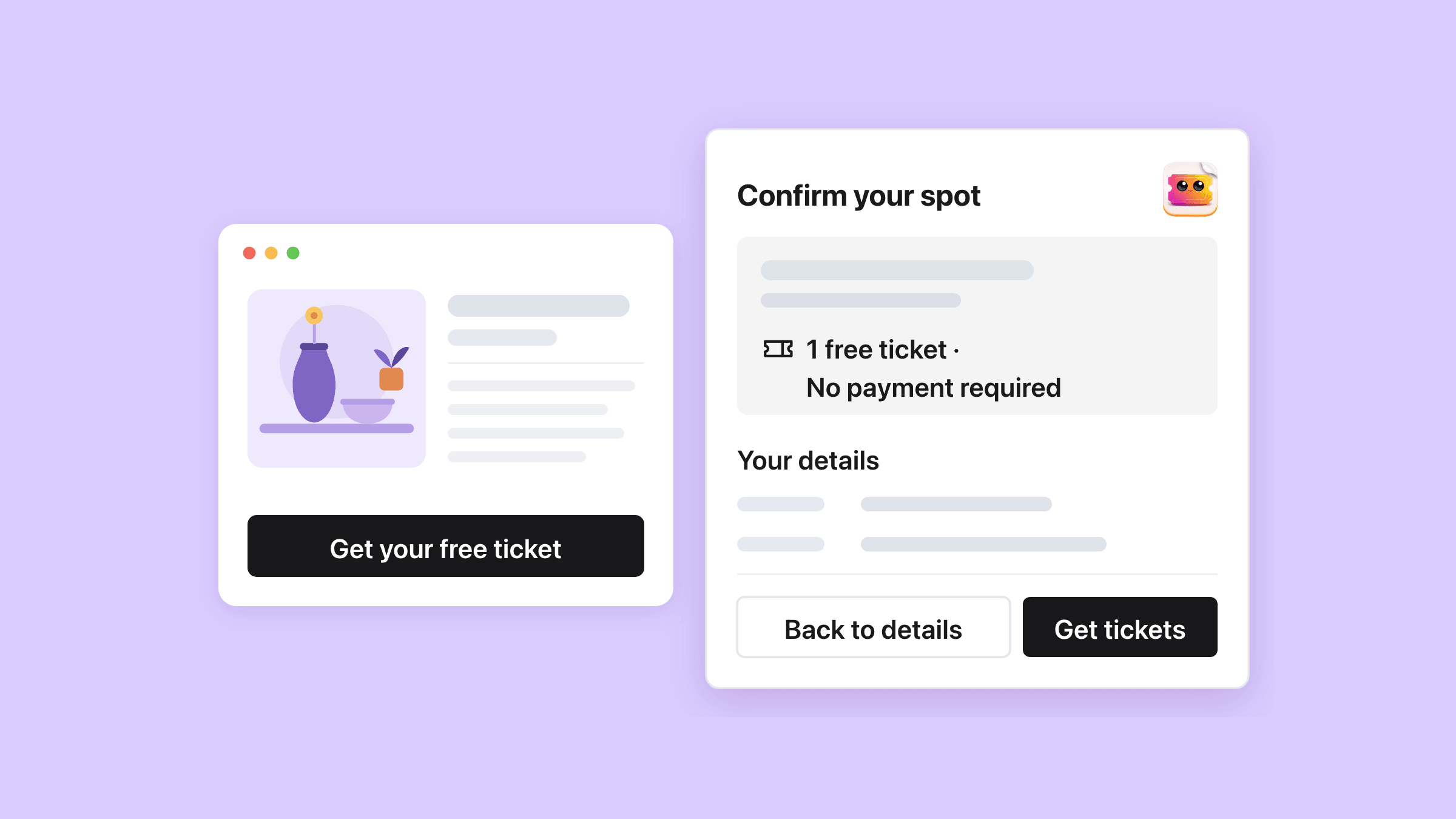 A Shopify product page for a studio open day whose black buy button reads Get your free ticket, and beside it the popup on its review step: Confirm your spot, an event card ending in 1 free ticket, No payment required, the guest’s details, and the buttons Back to details and Get tickets