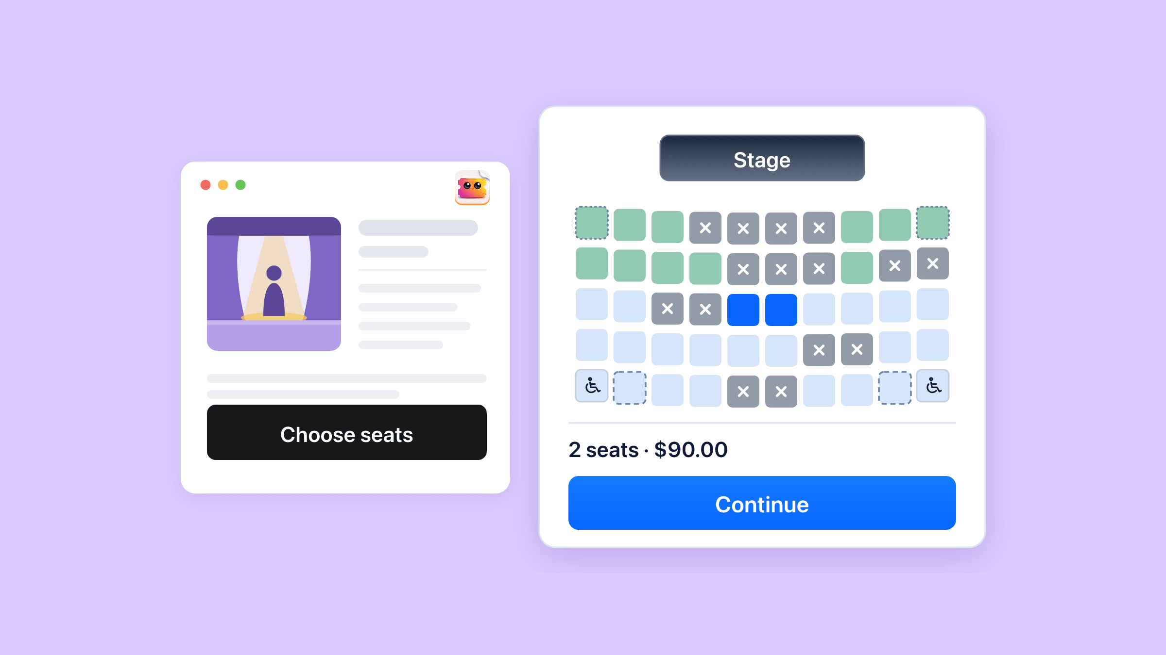 A Shopify product page for a studio theatre show whose buy button reads Choose seats, and beside it the seat chooser it opens: a stage above five rows of ten seats, the two front rows in green and the rest in pale blue, fifteen seats grey with a white cross, two seats in row C picked out in blue, wheelchair spaces at both ends of the back row, and under the map 2 seats · $90.00 over a blue Continue button