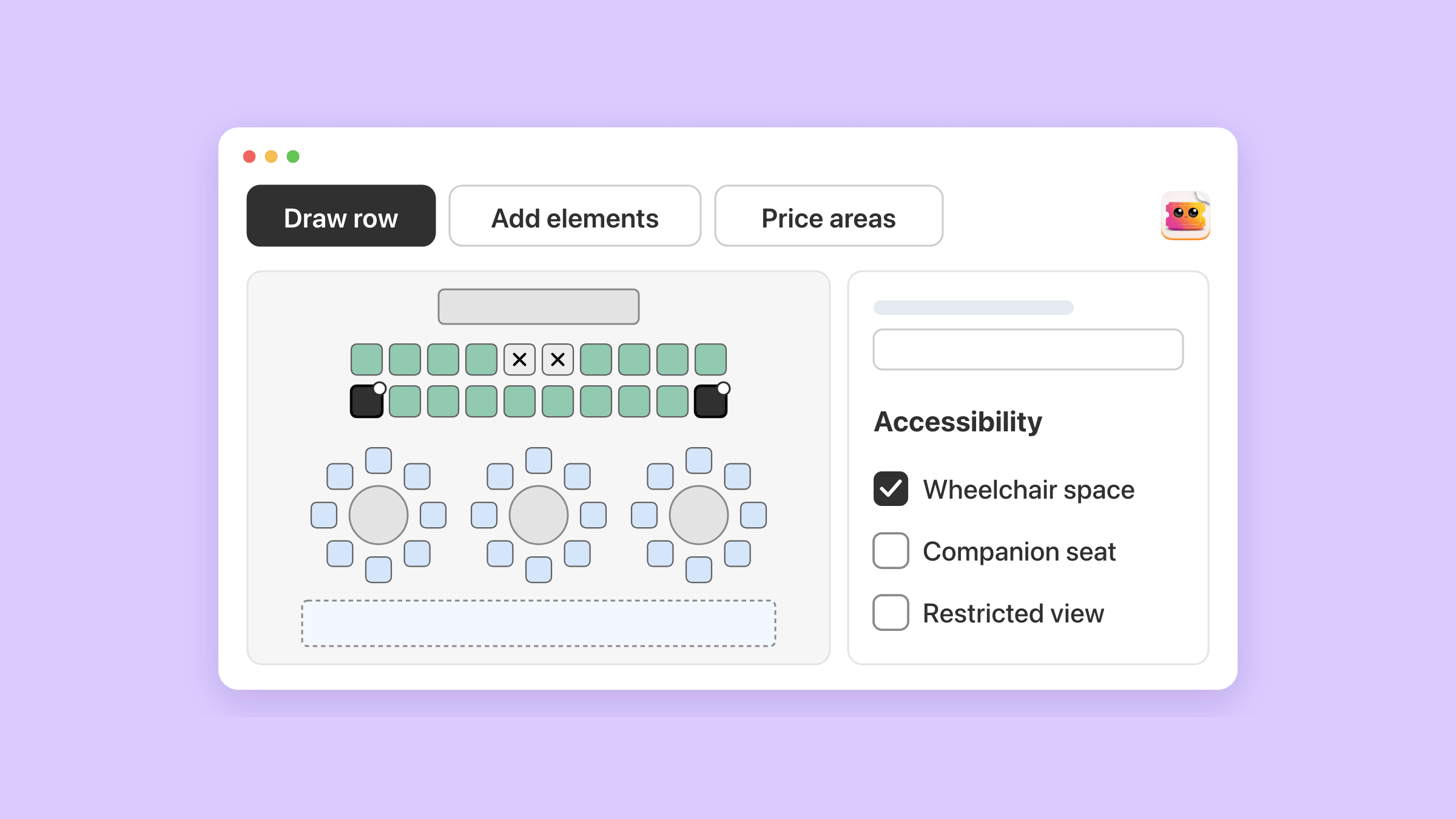 The seat map editor in the Shopify admin, with Draw row, Add elements and Price areas buttons over a drawing of a stage, two rows of ten green seats with two seats in the front row crossed out, three round tables of eight pale blue chairs and a dashed standing area, and the two end seats of the second row selected while the Accessibility panel beside them shows Wheelchair space ticked