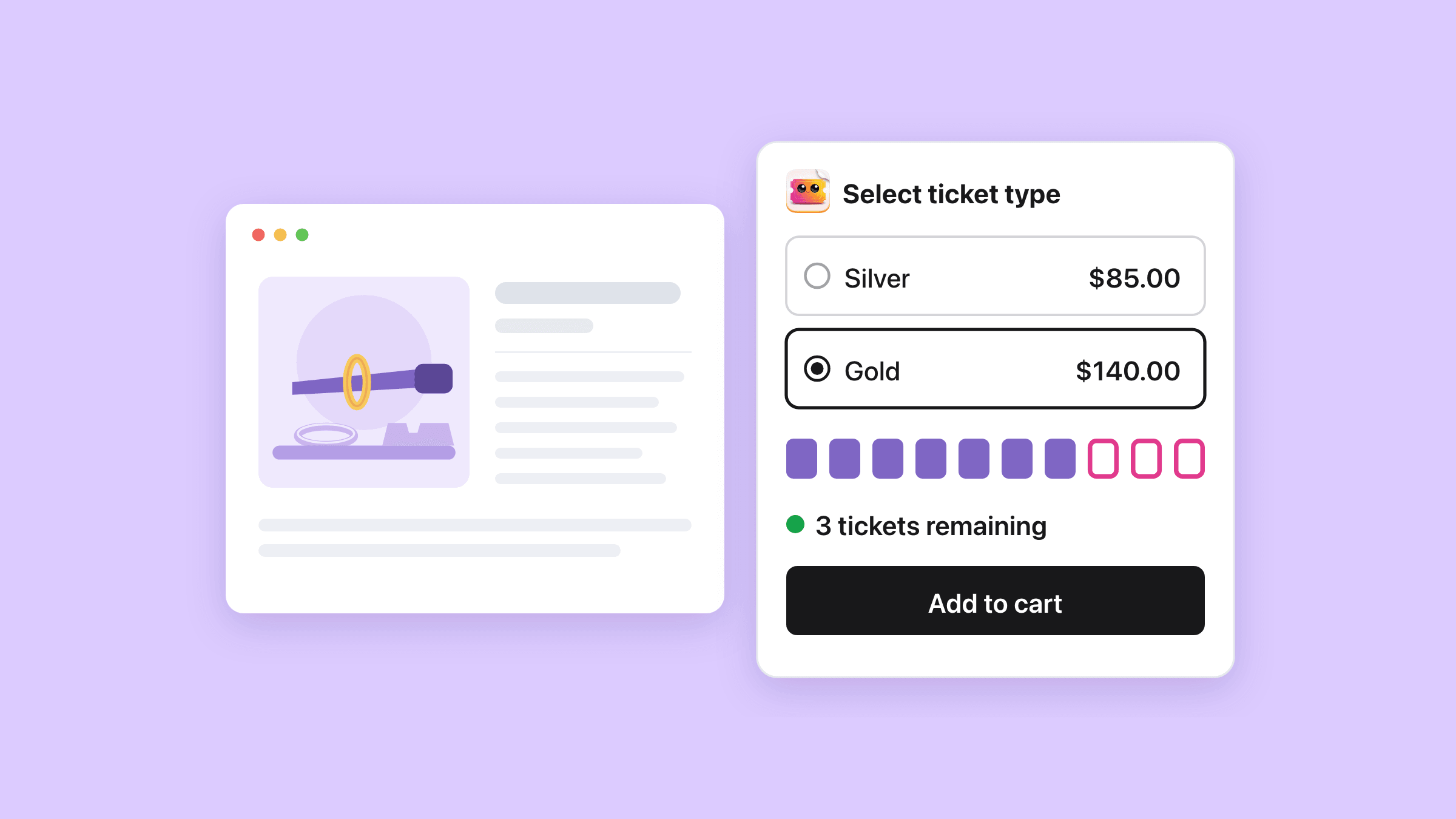 A Shopify product page for a jewellery workshop, with the ticket blocks beside it: Select ticket type listing Silver at $85.00 and Gold at $140.00 with Gold picked, a row of ten places with seven taken and three free, the line 3 tickets remaining with a green dot, and a black Add to cart button