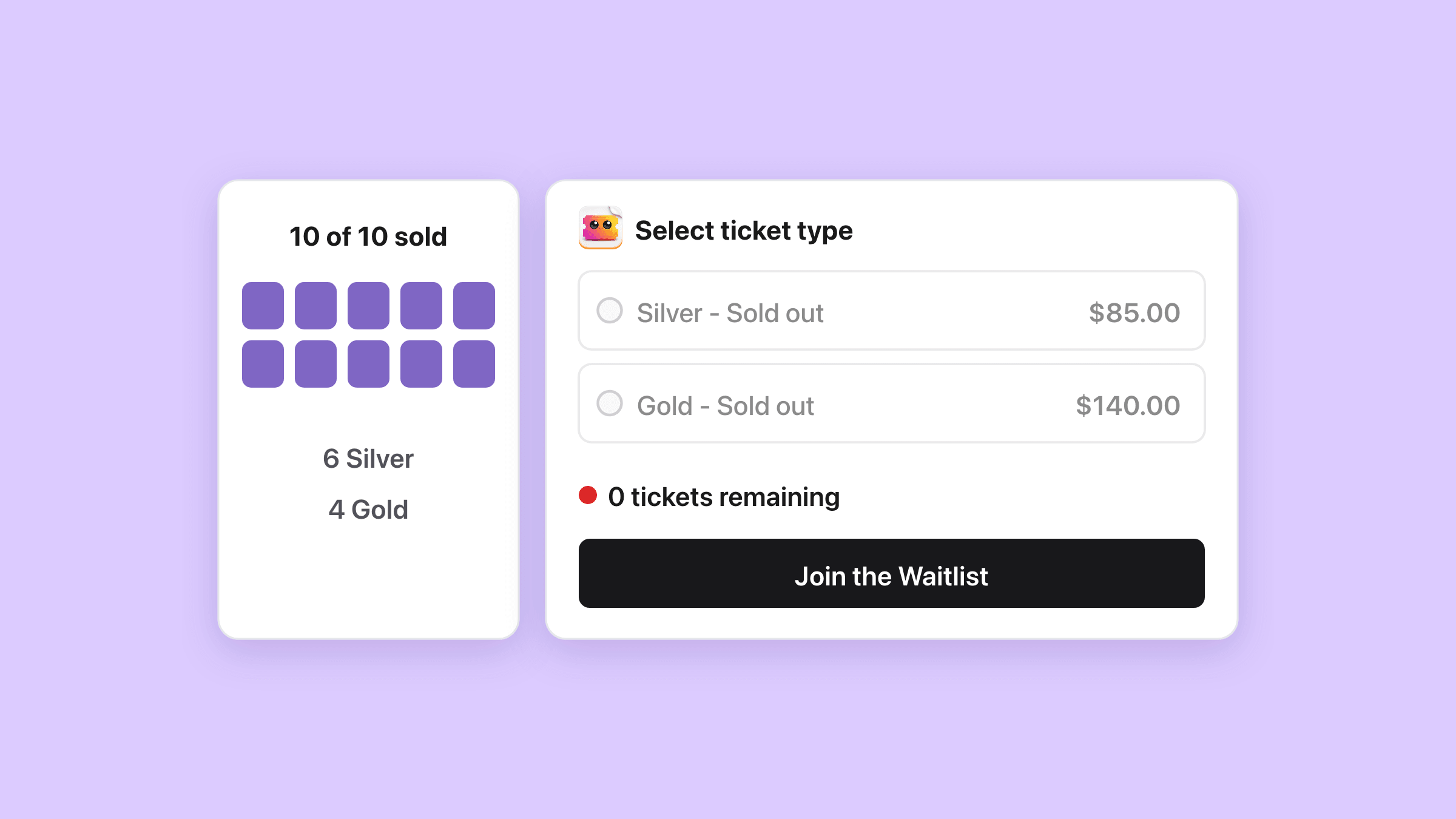 A pool of ten places with all ten taken, six by Silver and four by Gold, beside the ticket blocks on the product page: Silver - Sold out and Gold - Sold out greyed out, 0 tickets remaining with a red dot, and a black Join the Waitlist button
