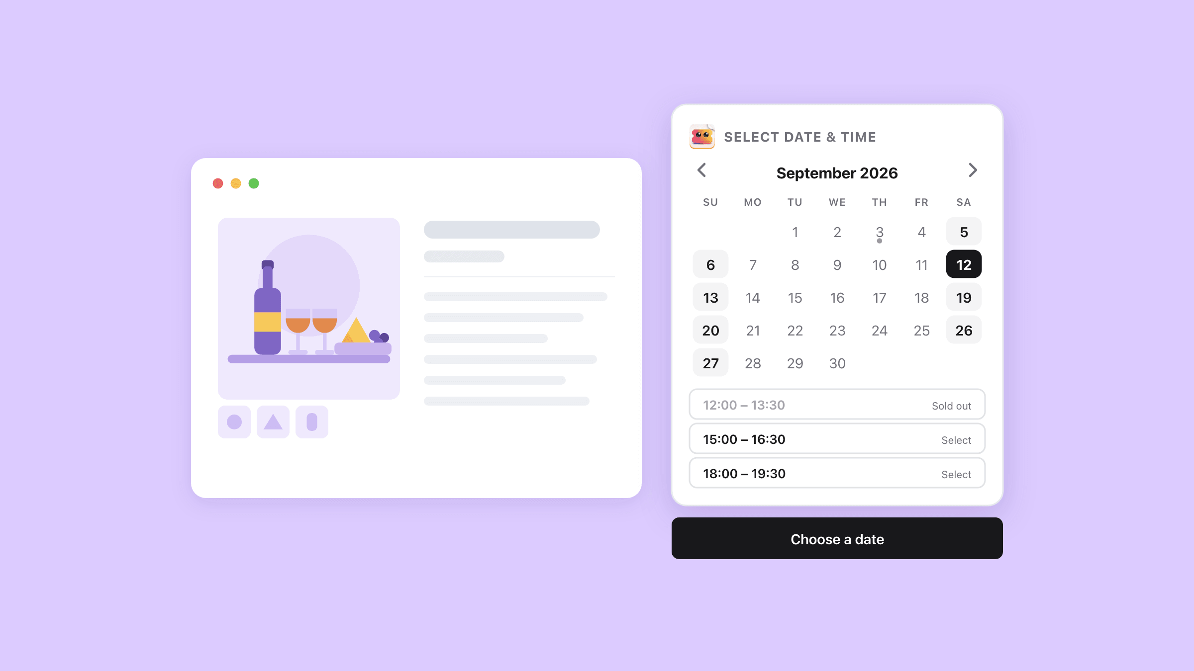 A Shopify product page for a wine tasting, with the date and time block beside it: September 2026 with every weekend date shaded, Saturday the 12th picked out in black, three sittings listed under the month with the first one sold out, and a black Choose a date button under them