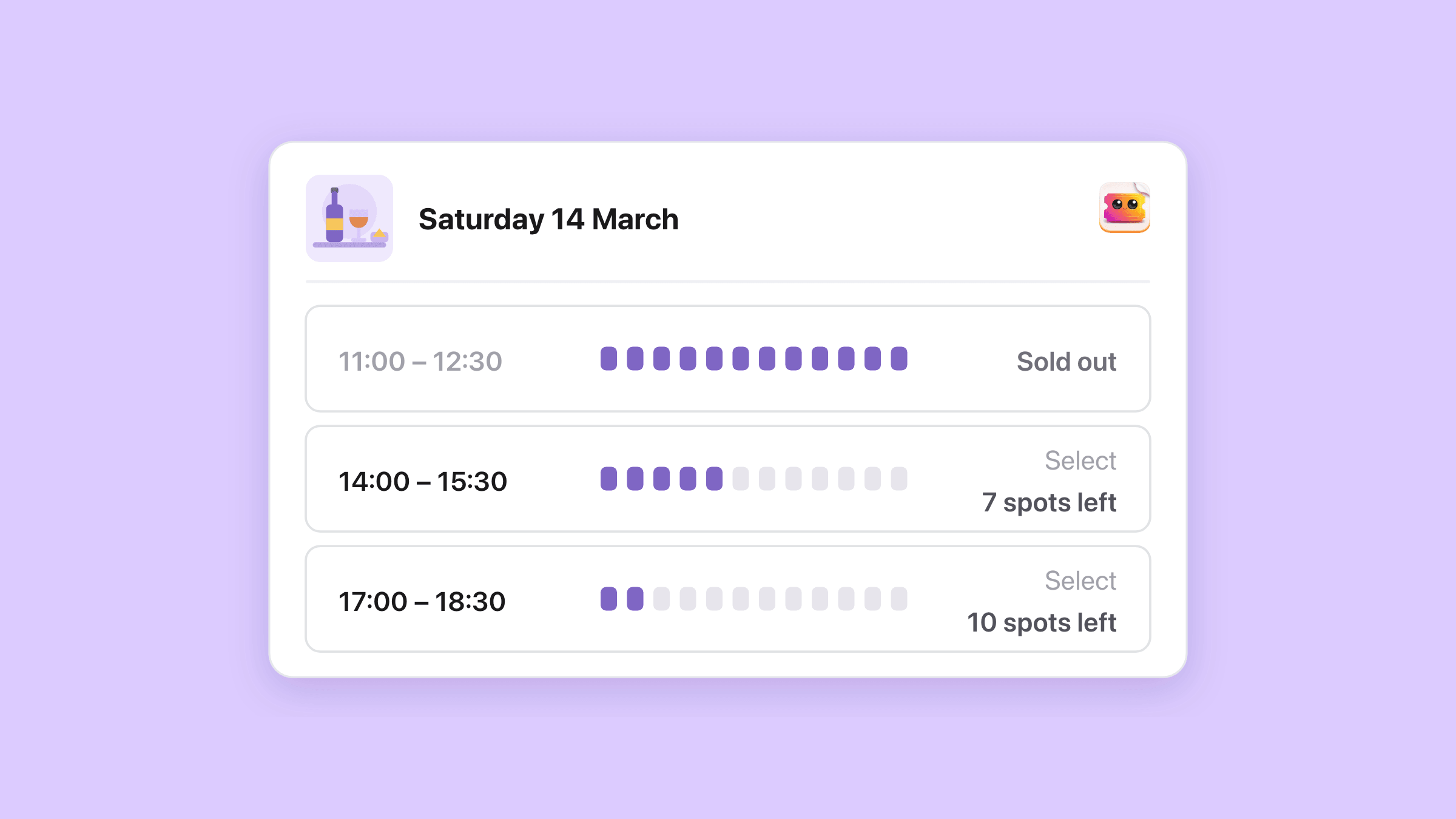One Saturday listed as three sittings in the storefront slot rows: 11:00 to 12:30 sold out with all twelve seat marks filled, 14:00 to 15:30 with seven spots left, and 17:00 to 18:30 with ten spots left, each row counting its own twelve seats
