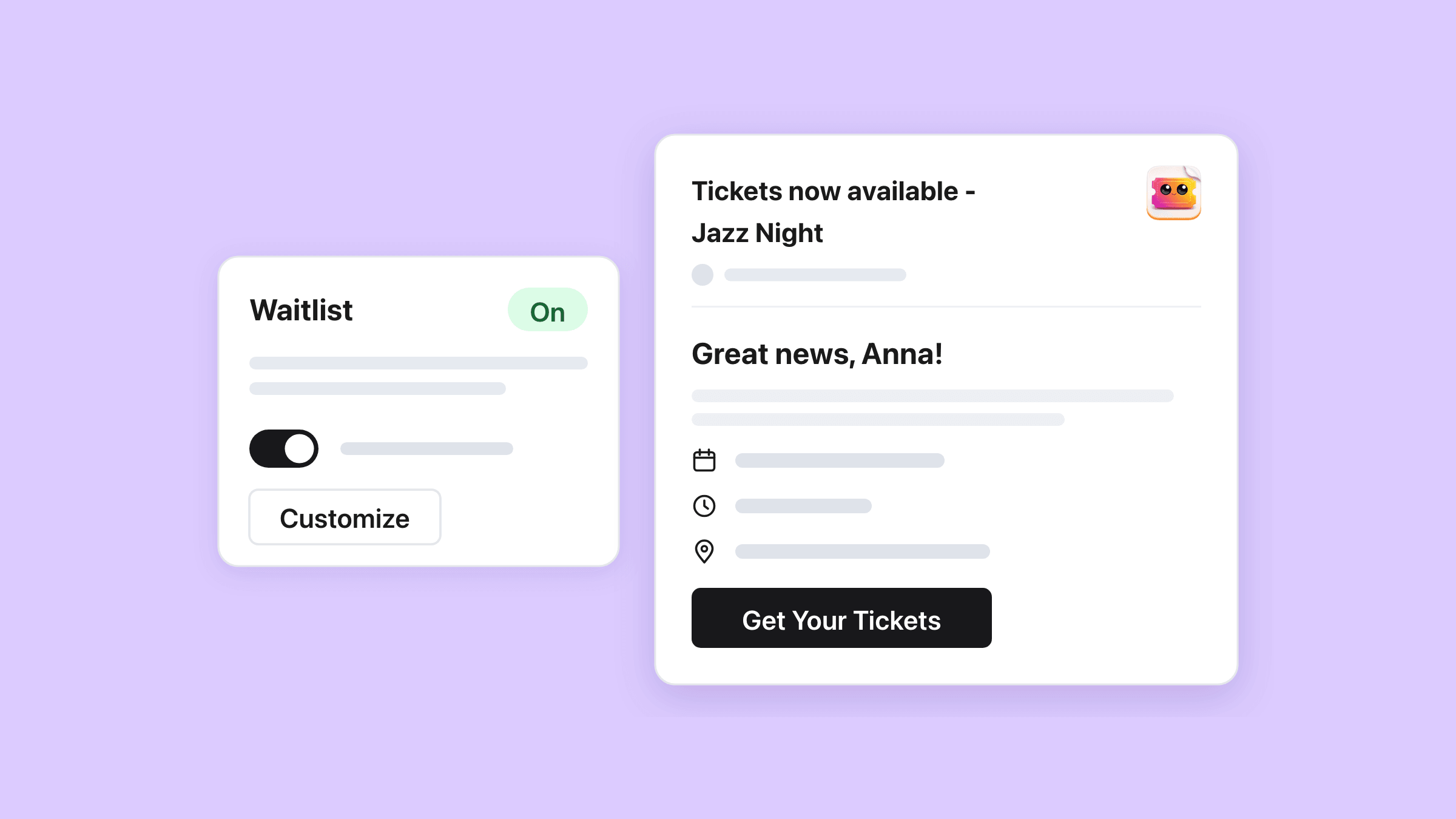 The Waitlist card from the event Emails tab, with an On badge, its switch turned on and a Customize button, beside the email it sends: the subject Tickets now available - Jazz Night, the greeting Great news, Anna!, the date, time and place, and a Get Your Tickets button