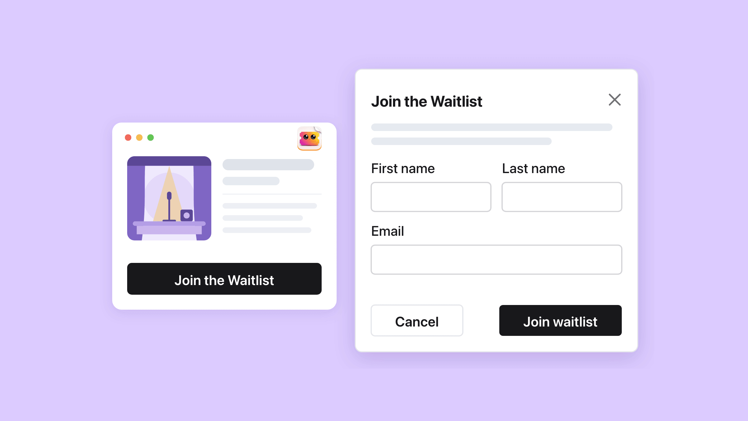 A Shopify product page for a sold-out gig whose black buy button reads Join the Waitlist, and beside it the waitlist popup it opens: the title Join the Waitlist, First name, Last name and Email fields, and the buttons Cancel and Join waitlist