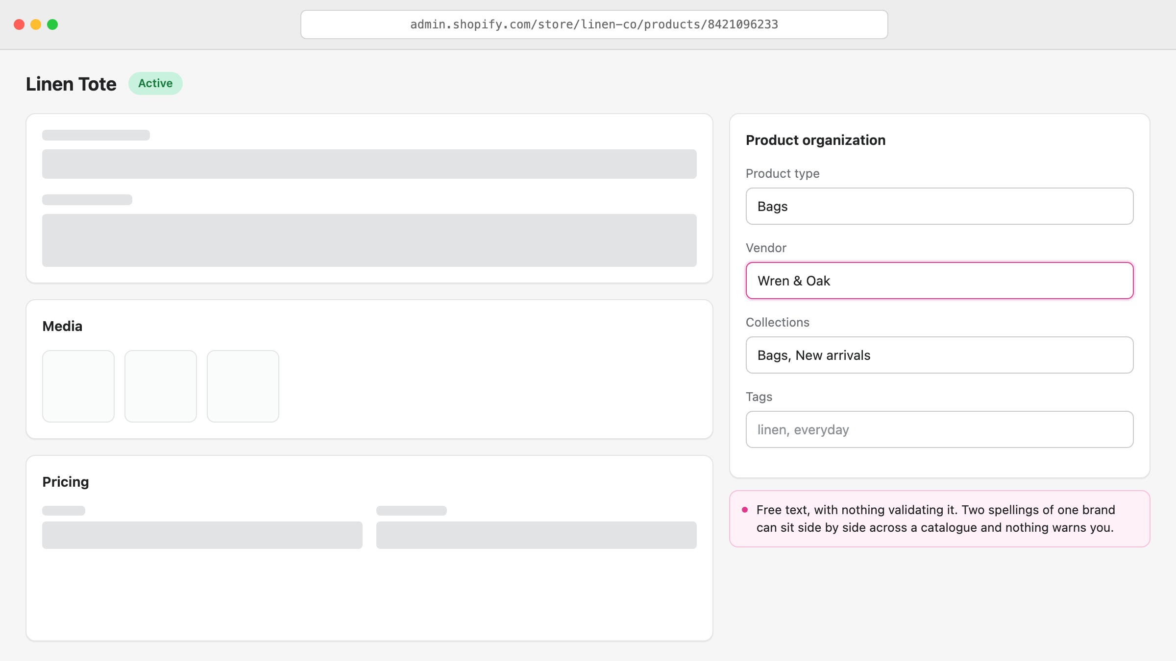 Shopify product page with the Product organization card open, showing the Vendor field set to a brand name alongside Product type, Collections and Tags
