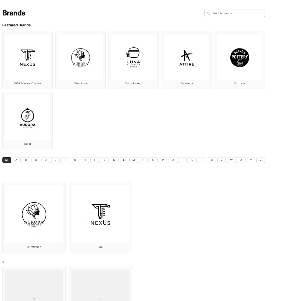 The directory with a logo on every brand card, featured brands across the top and the A-Z list underneath