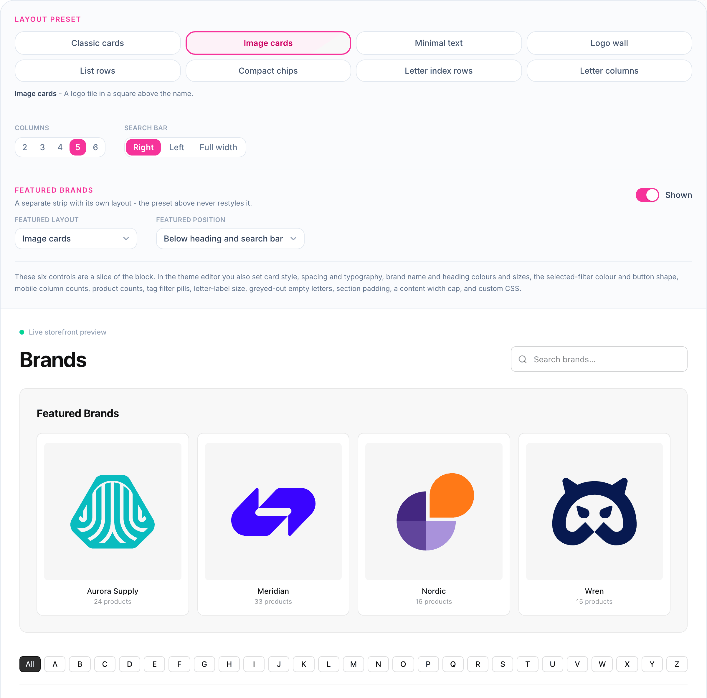 The live demo: layout preset, column and featured-brand controls above a working storefront brand directory