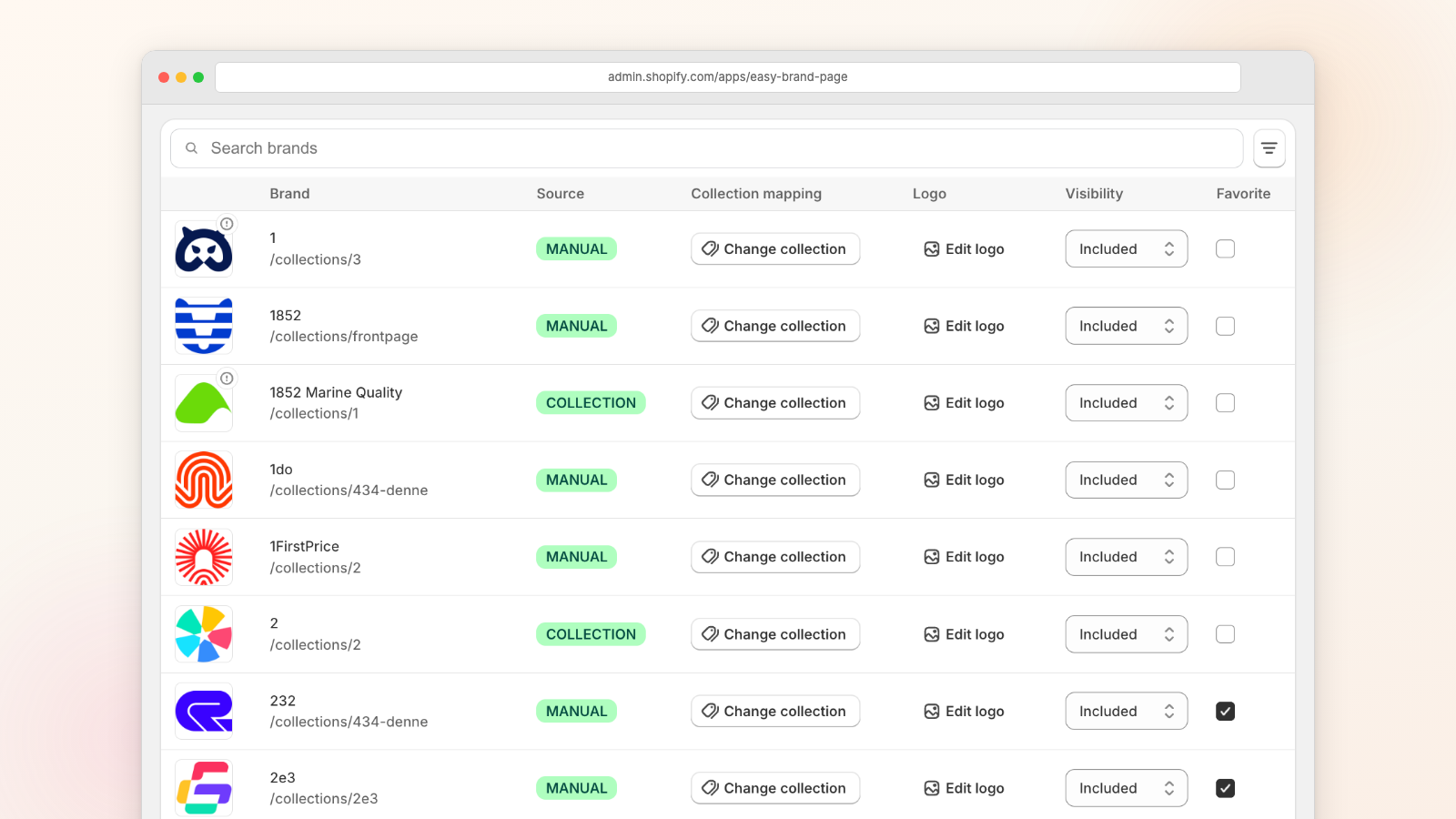 The Brands page inside the Shopify admin, listing synced vendors with their source, mapped collection, logo, visibility and favourite controls
