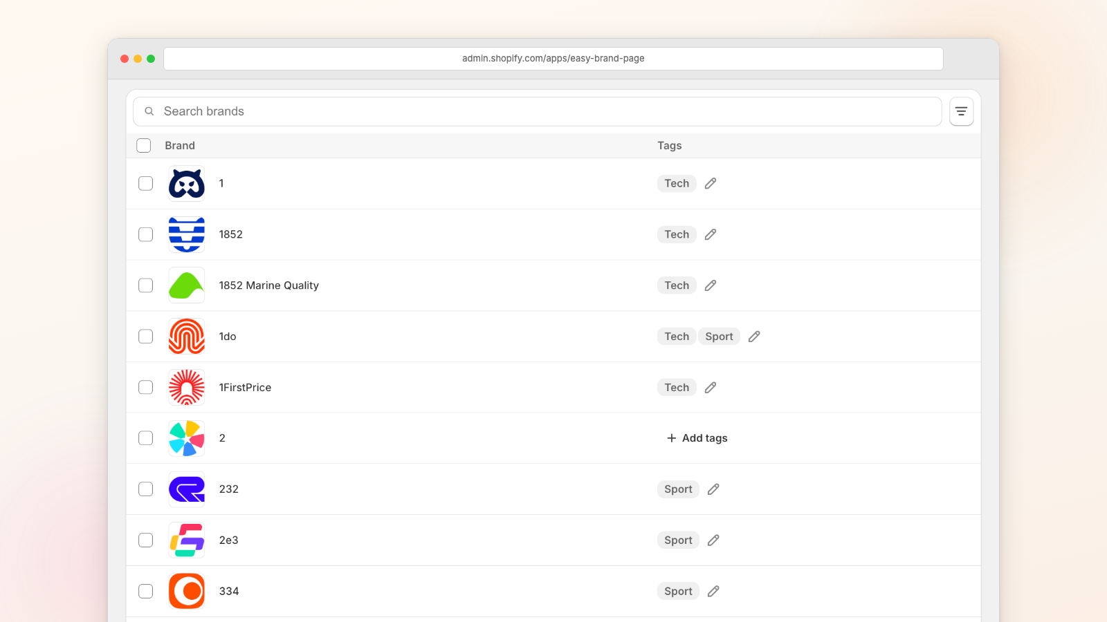 The tagging screen in the Shopify admin: a list of brands with Tech and Sport tag pills beside each, and an Add tags button on an untagged brand