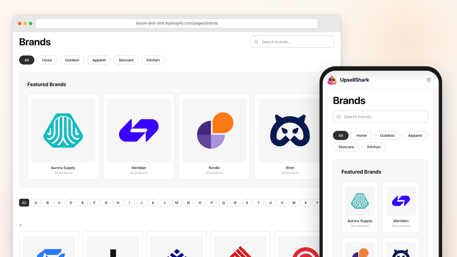 The storefront directory with a row of category pills reading All, Home, Outdoor, Apparel, Skincare and Kitchen above the featured brands, shown on desktop and on a phone