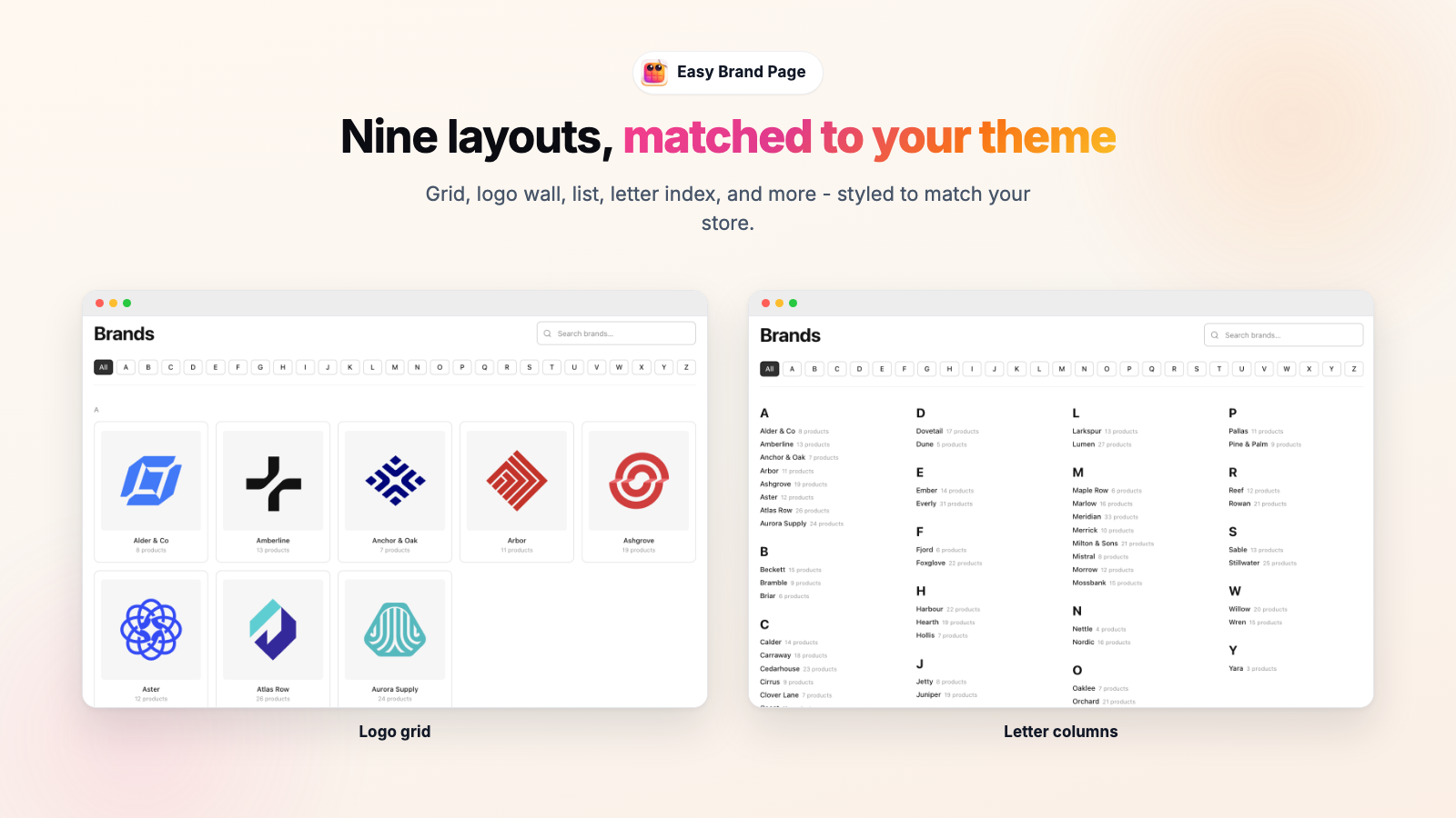 Two of the layout presets side by side: a Logo grid of brand tiles, and Letter columns listing every brand under its initial with product counts