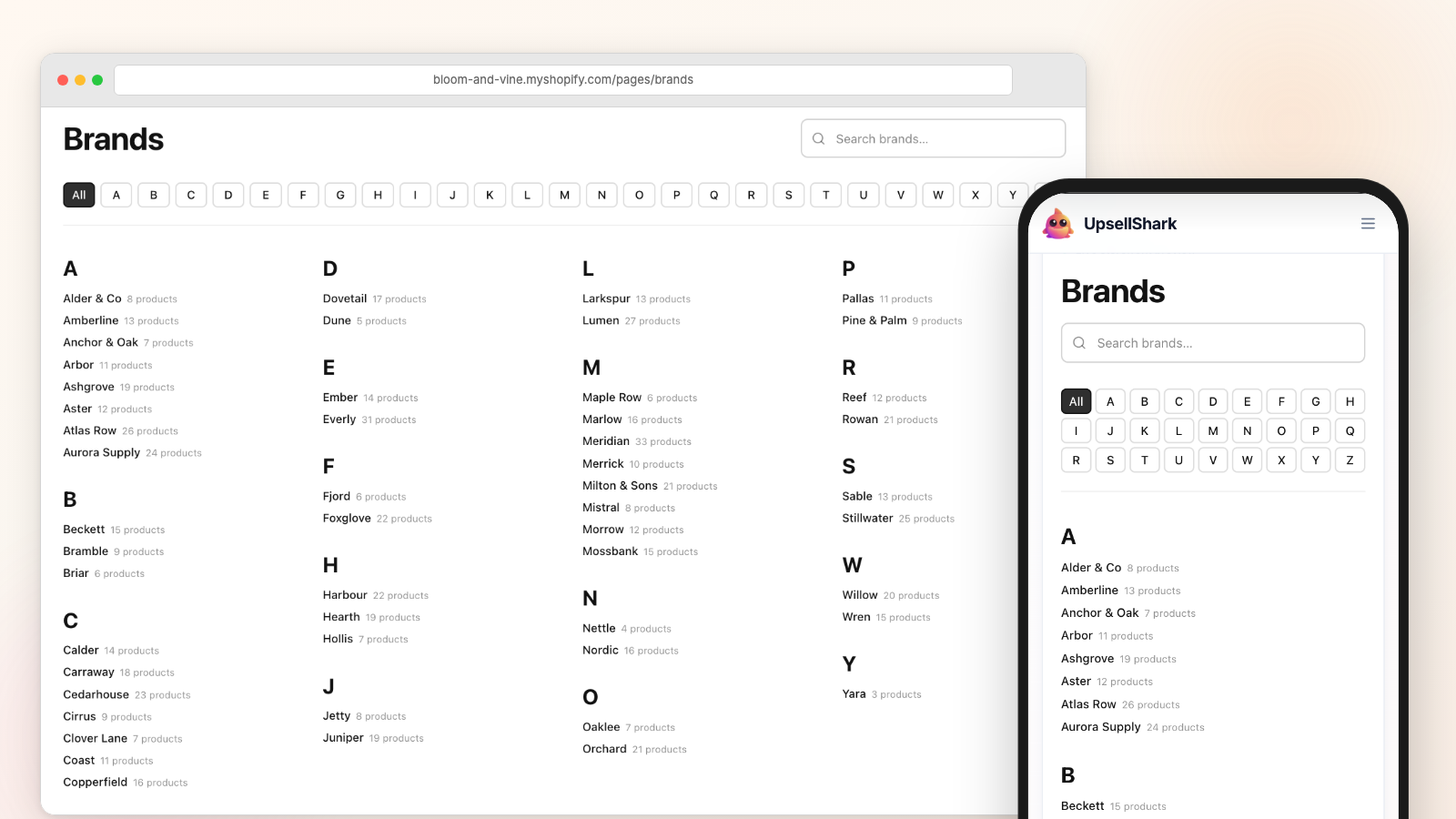 The brand directory as a plain text index: brands grouped under A, B, C headings with product counts beside each name, above a search box and letter bar