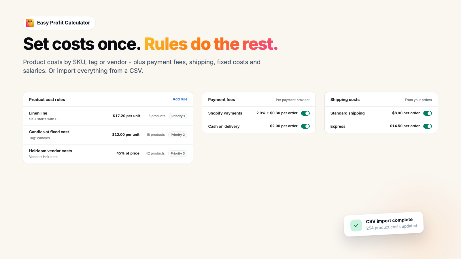 Cost rules screen showing three product cost rules matched by SKU prefix, tag and vendor with priority badges, payment fee rules for Shopify Payments and cash on delivery, shipping rates for standard and express, and a notice that a CSV import updated 254 product costs