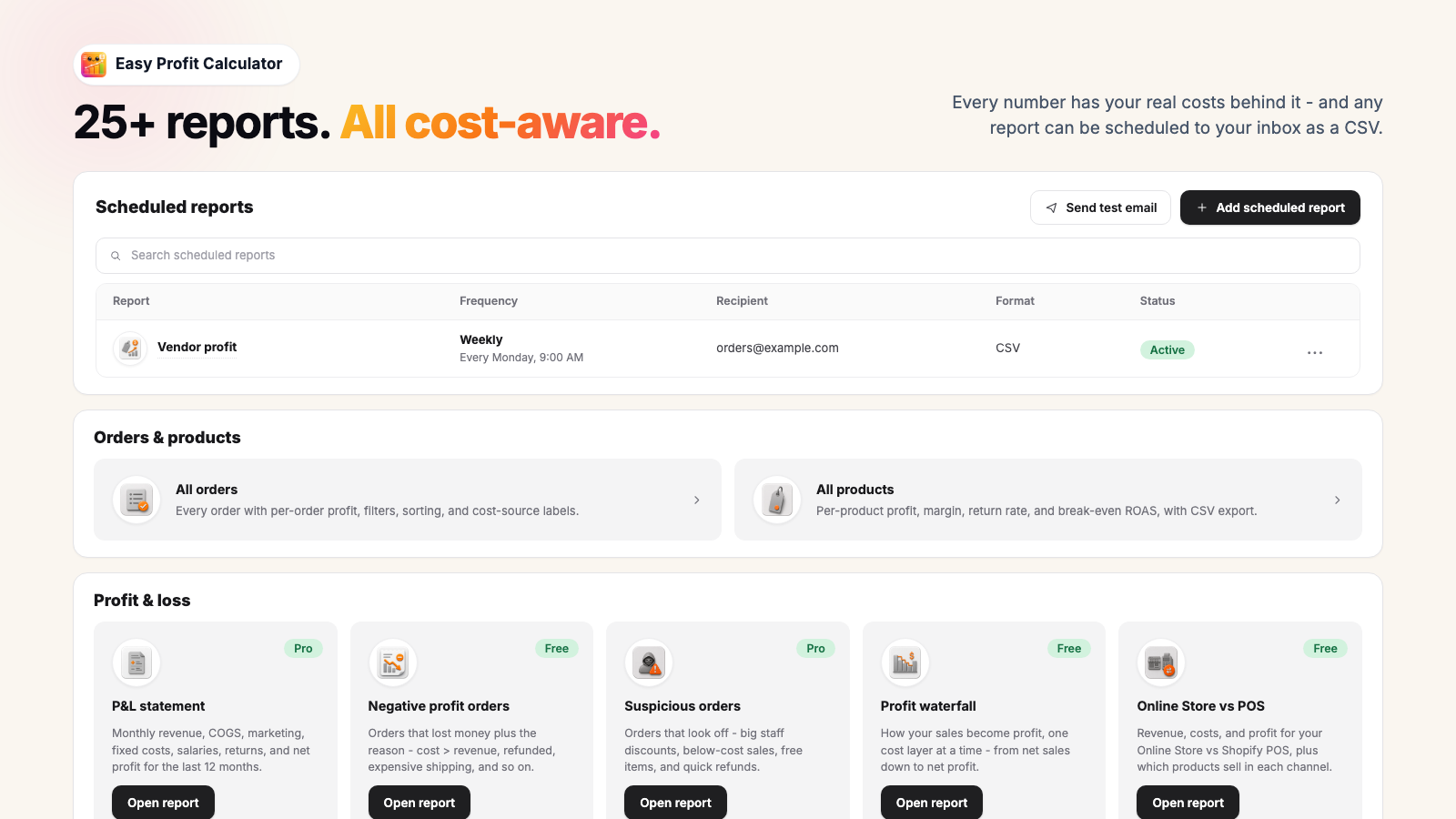 The reports screen with a vendor profit report scheduled weekly as a CSV, tiles for all orders and all products, and profit and loss report cards for P and L statement, negative profit orders, suspicious orders, profit waterfall and Online Store versus POS