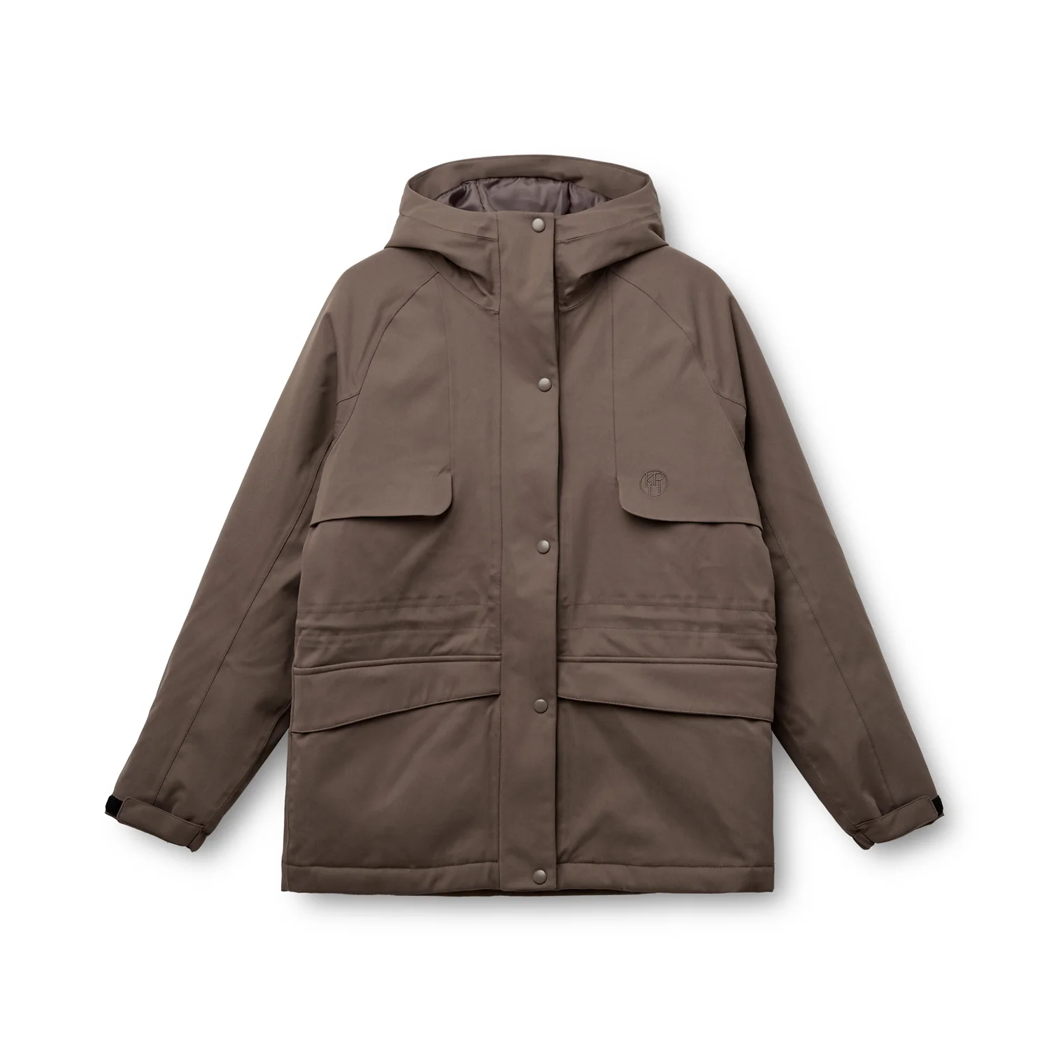 Hooded parka in taupe, flat-lay front packshot