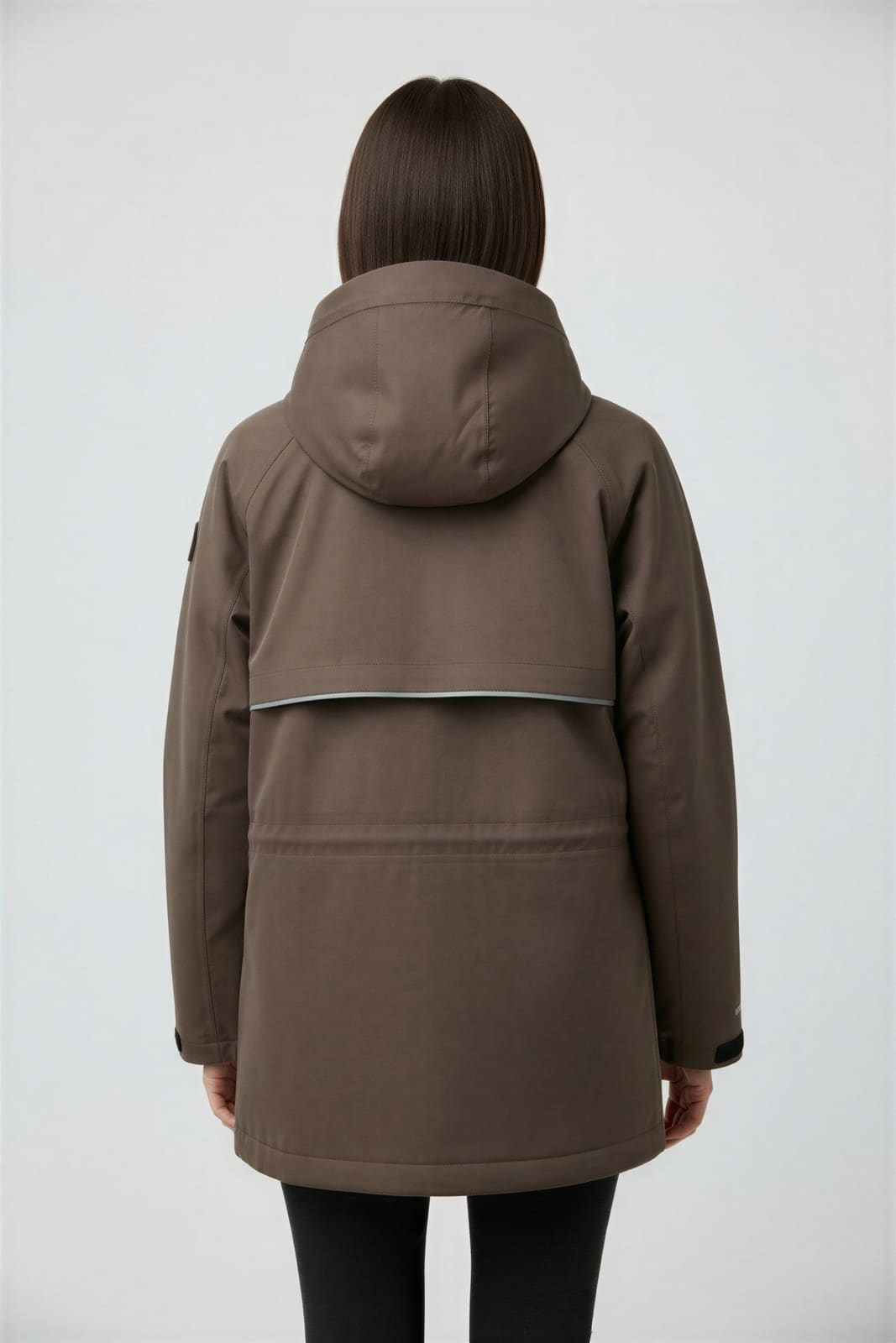 Hooded parka in taupe, generated back view on the same model