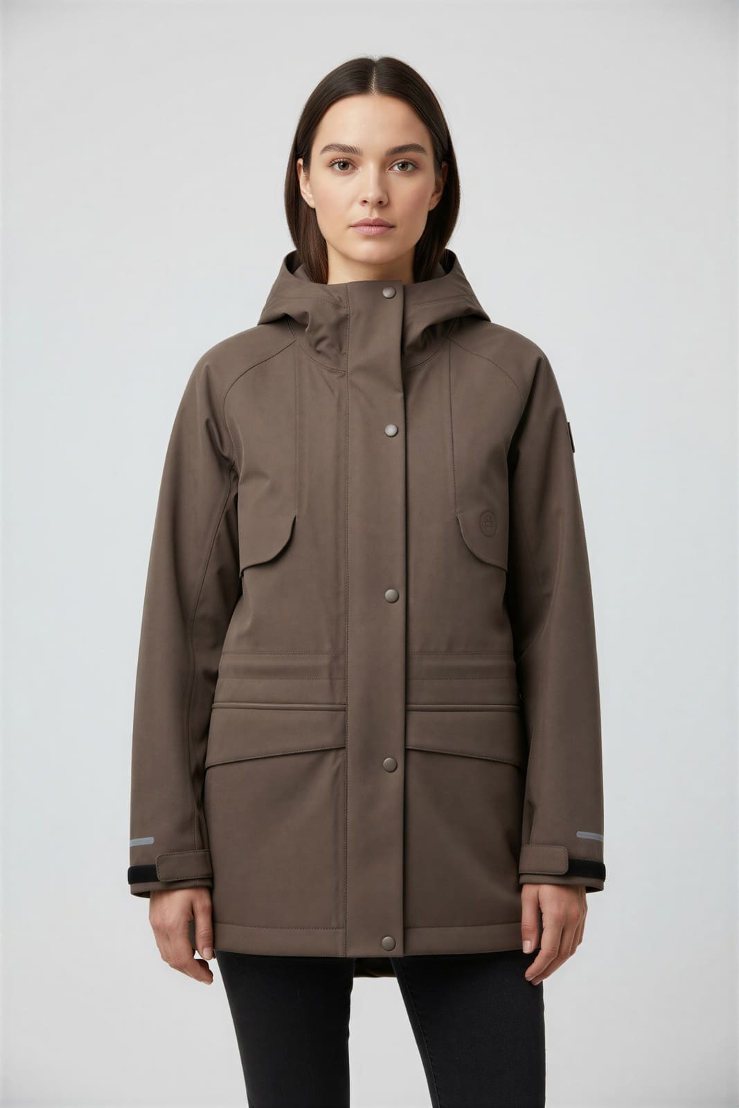 Hooded parka in taupe, generated front view on a model