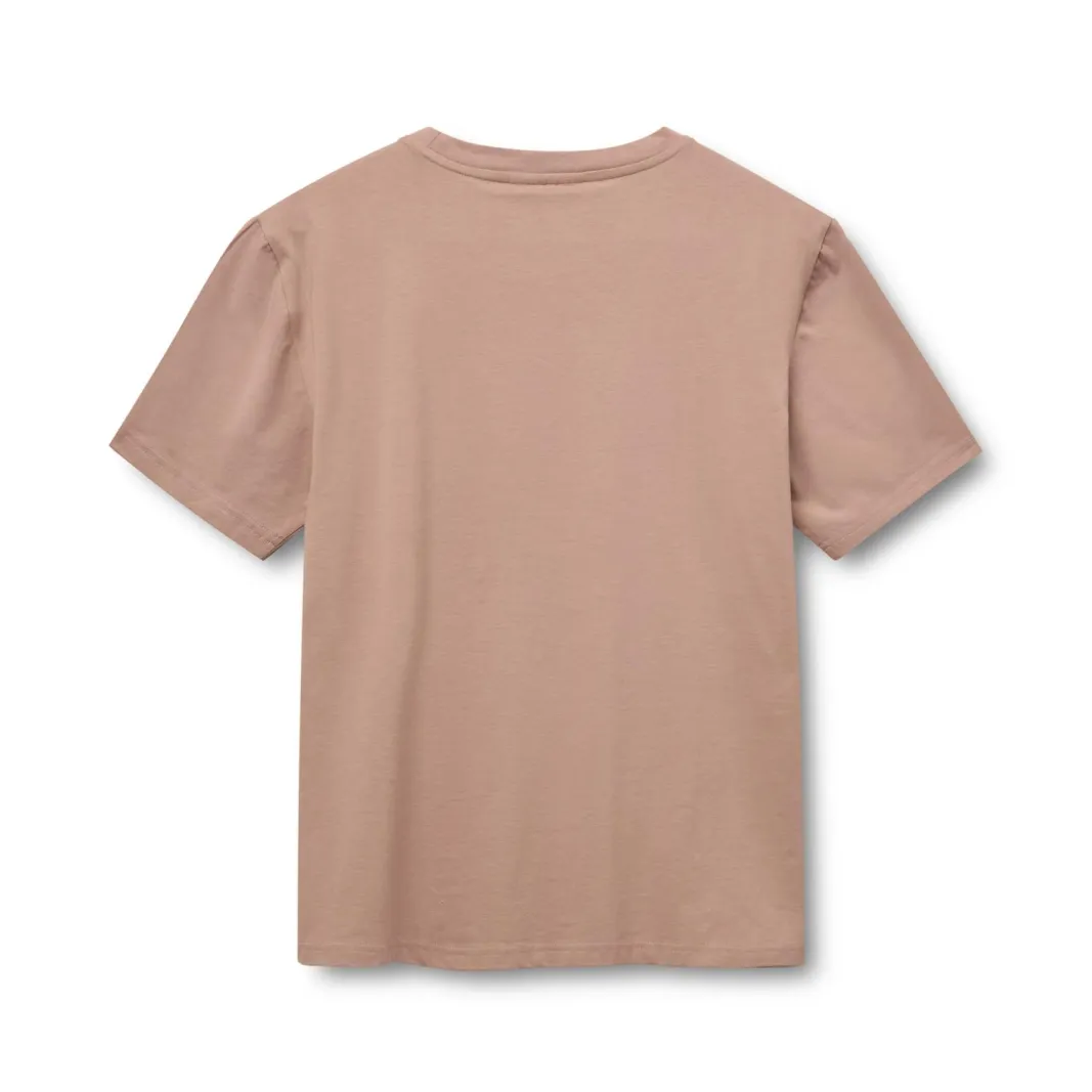 Dusty rose tee with a script print, flat-lay back packshot