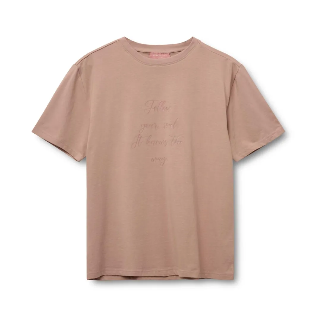 Dusty rose tee with a script print, flat-lay front packshot