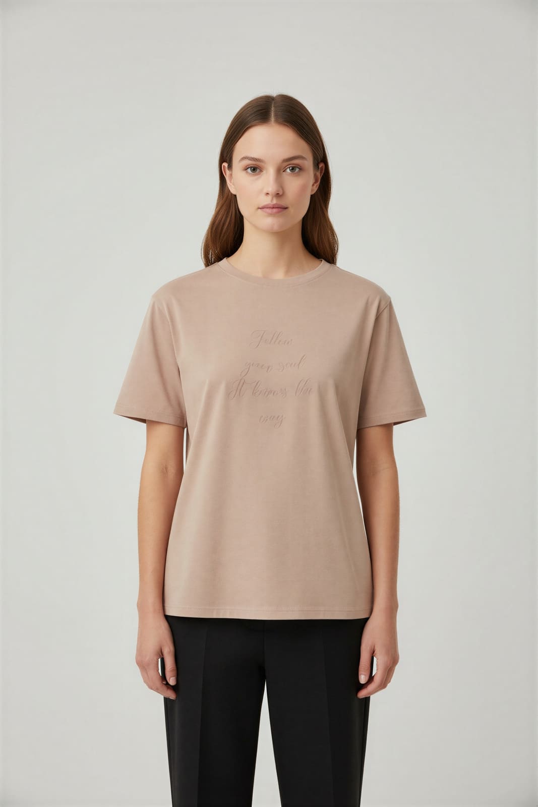 Dusty rose tee with a script print, generated front view on a model
