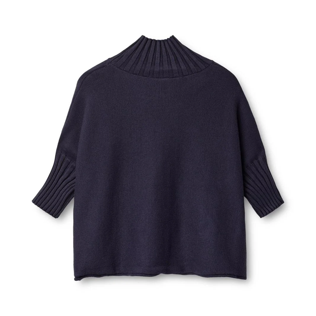 Navy mock-neck knit, flat-lay back packshot