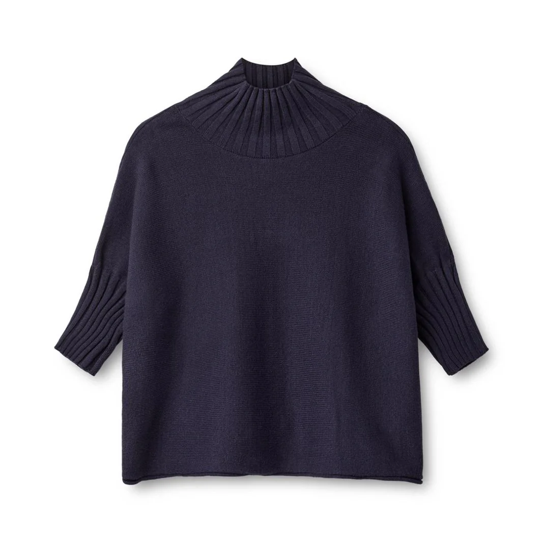 Navy mock-neck knit, flat-lay front packshot