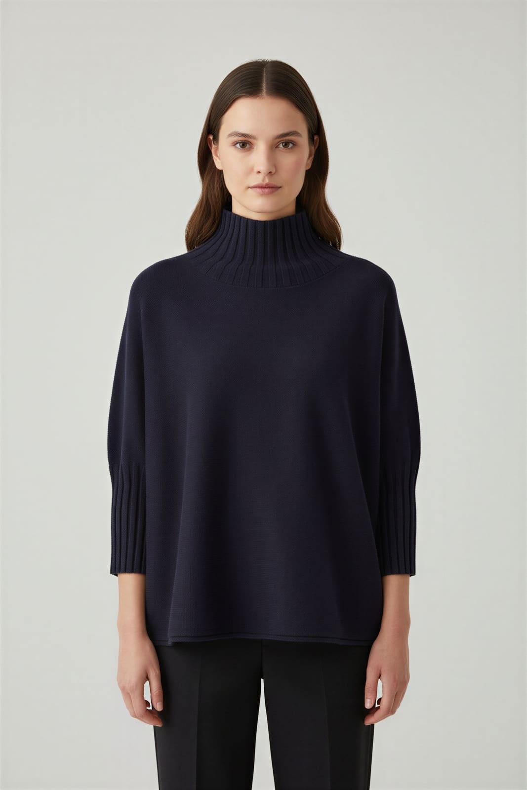 Navy mock-neck knit, generated front view on a model
