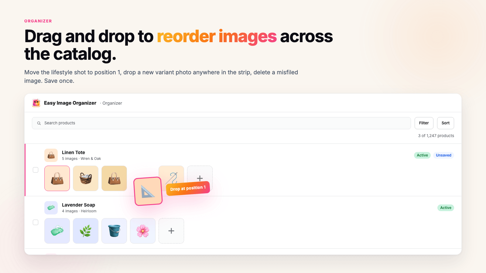 The Organizer screen with an image being dragged, showing a "drop at position 1" marker on a product row