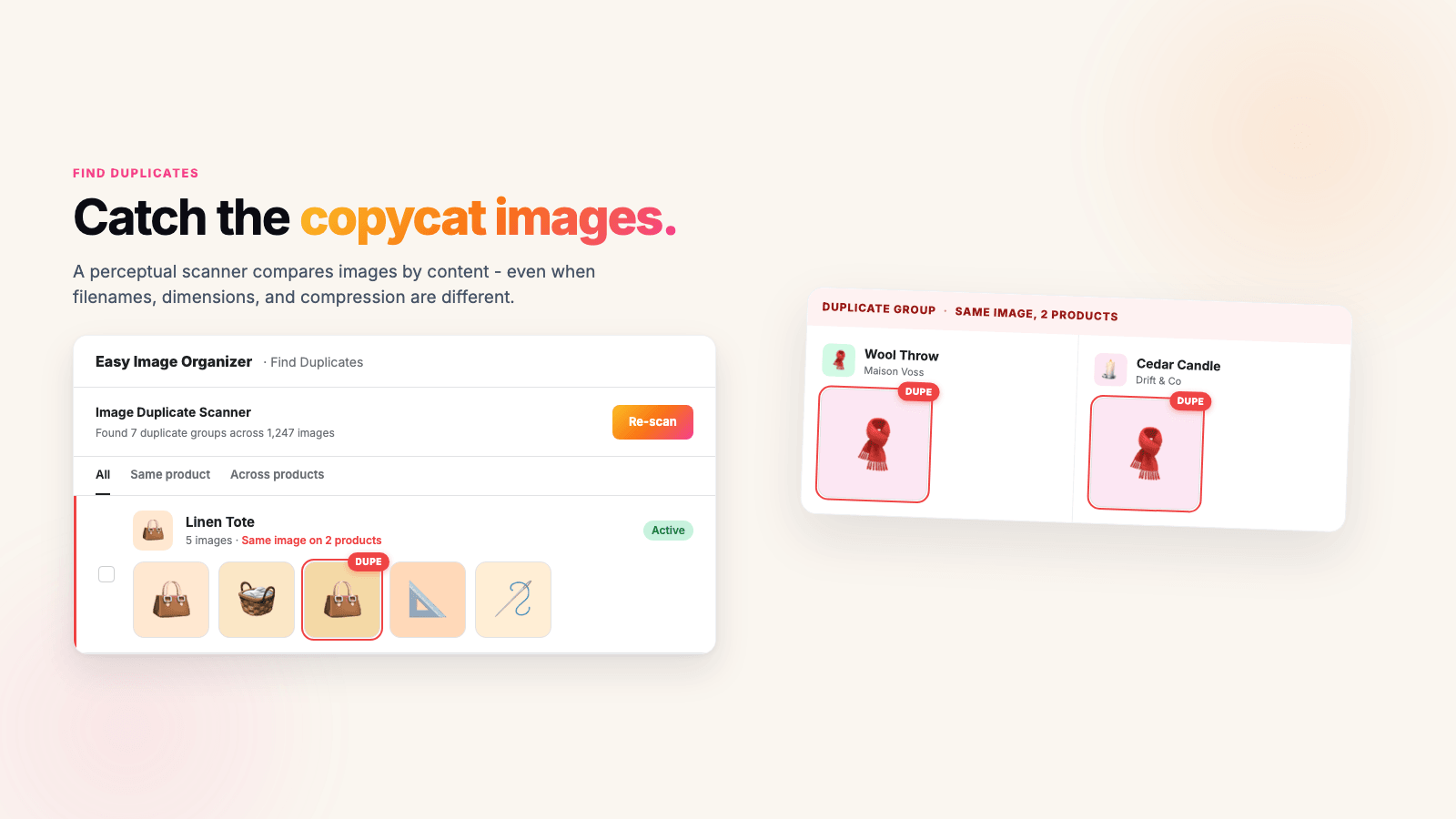 The Find Duplicates screen listing duplicate groups, with All, Same product and Across products tabs