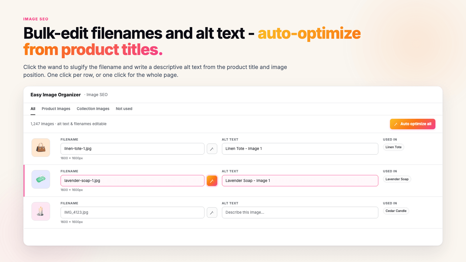 The Image SEO screen with filename and alt text fields per image row and an Auto optimize all button
