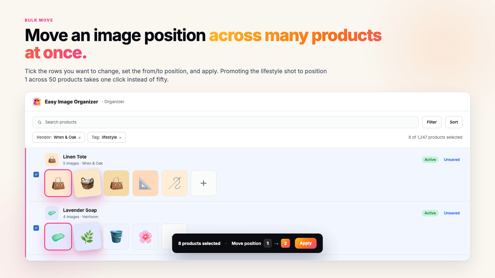 The bulk bar reading "8 products selected, move position 1 to 2" above two selected product rows