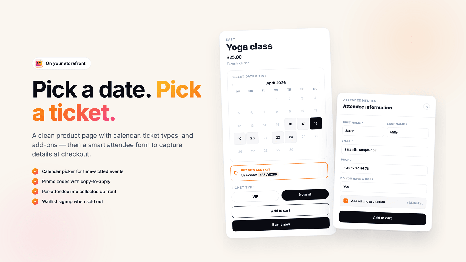 A Shopify product page for a yoga class with a month calendar and ticket type buttons, next to an attendee details form